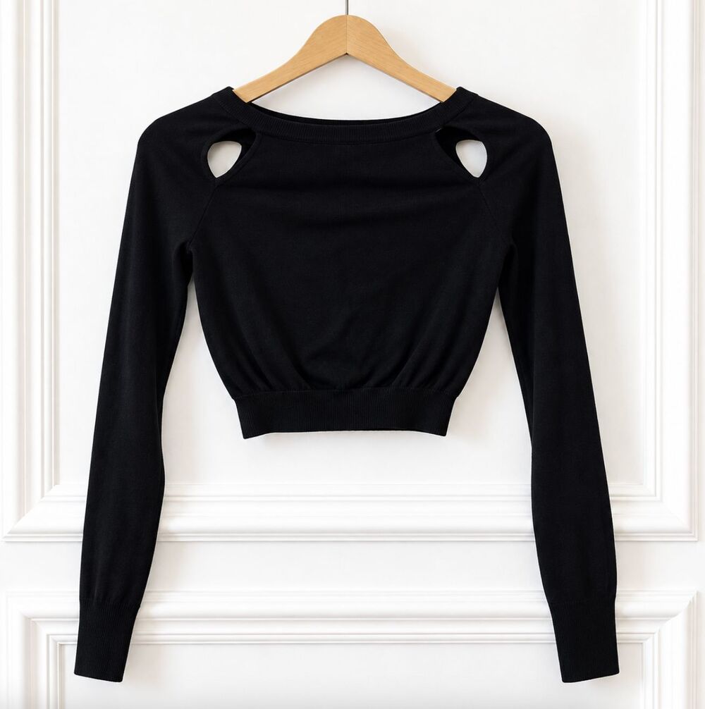 Tildon Black Cropped Sweater Women’s S Shoulder Cutout Long Sleeve Knit Pullover